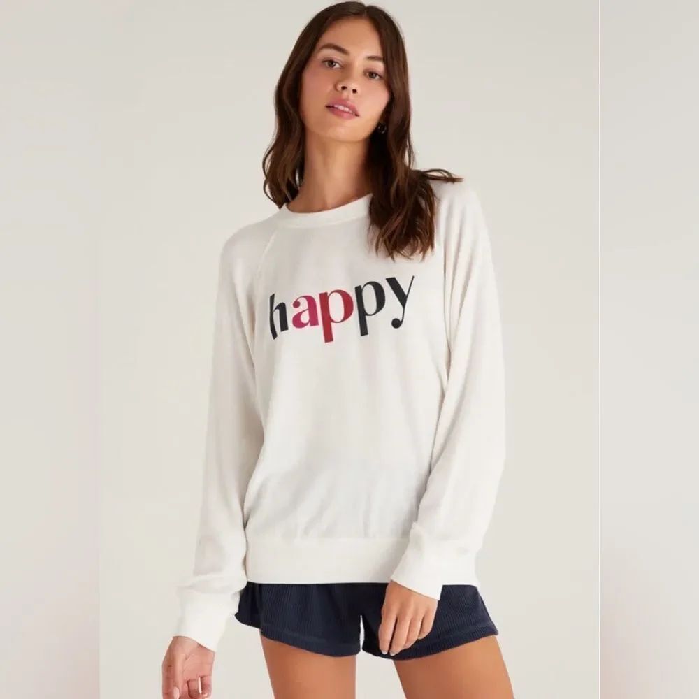 Z Supply Happy Graphic Print Sweatshirt Ivory White Crew Neck Lightweight M